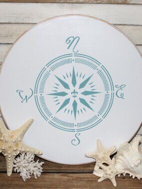 NEW Aqua & White 15.5" Shabby Coastal Lazy Susan Spinning Compass Tray